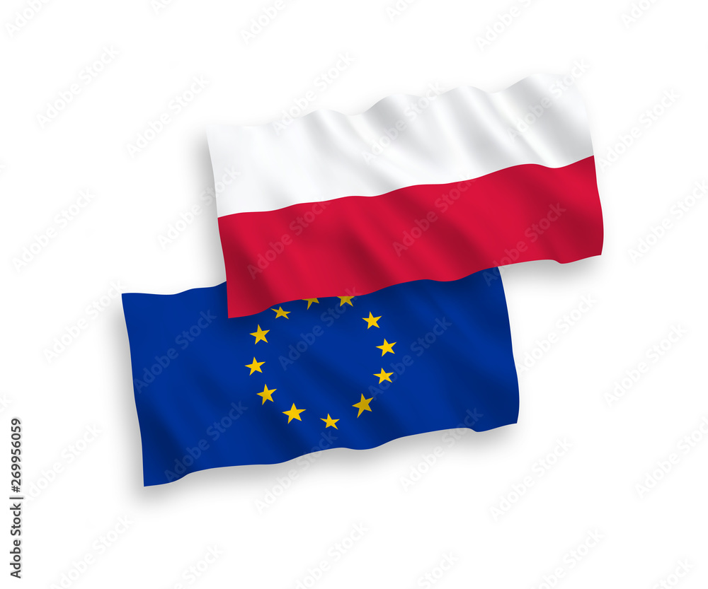 National vector fabric wave flags of Poland and European Union isolated on white background. 1 to 2 proportion.
