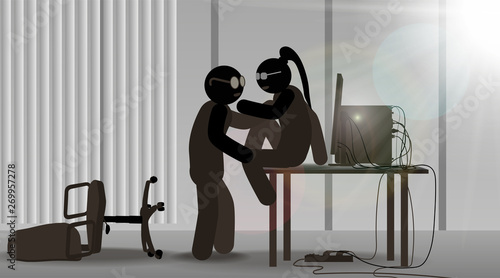 Business situation in the office. Employee hugs with an employee in the office at the workplace