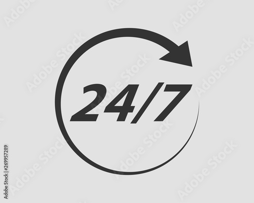 24/7 icon vector. 24 hour service clock.
