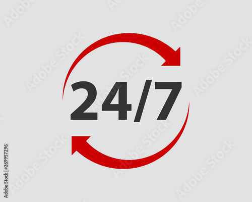 24/7 icon vector. 24 hour service clock.