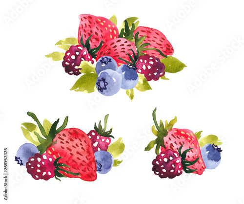 Watercolor clip art arrangements of sweet summer berries. Strawberries,  raspberries and blueberries Stock Illustration | Adobe Stock