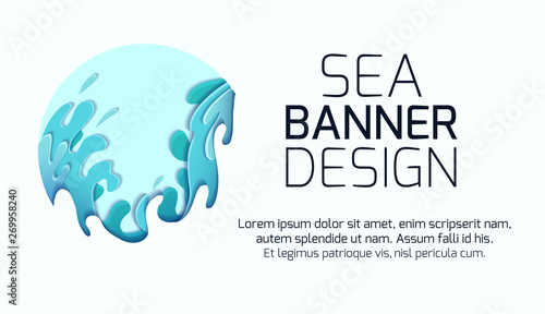 Horizontal banner with violent sea waves cut out of paper. Card with 3d multilayer drawing of streams of water. Storm. Vector template for articles, voucher, covers and your design.