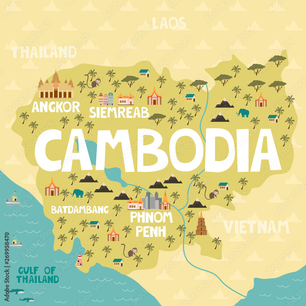 Illustrated map of Cambodia with cities and landmarks. Editable vector