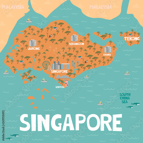 Illustrated map of Singapore with cities and landmarks. Editable vector illustration