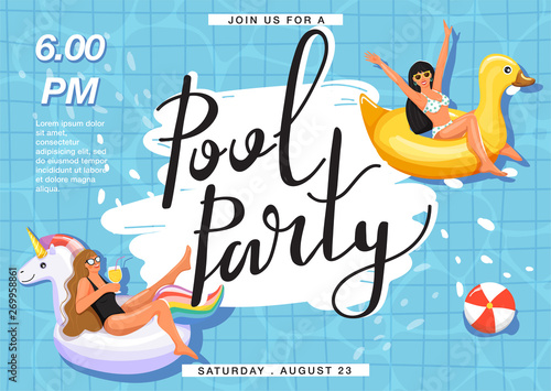 Pool party invitation banner. Women floating and sunbathing on inflatable ring in swimming pool. Creative lettering and checkered background. Summer rest and vacation. Vector illustration.