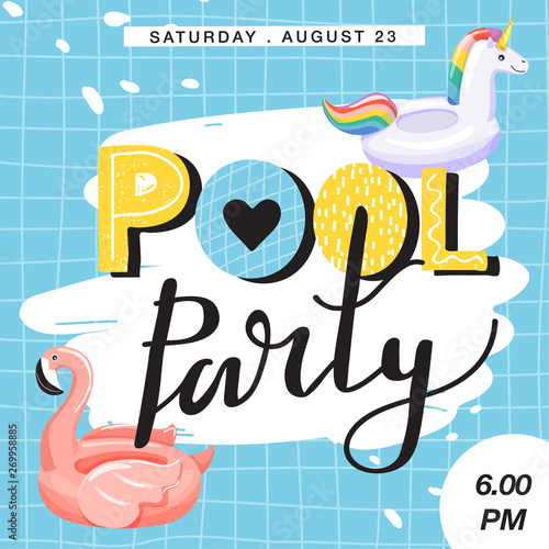 Pool party invitation banner. Various inflatable swimming pool rings in swimming pool. Creative lettering and checkered background. Summer rest and vacation. Vector illustration.