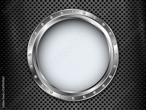 Metal background with round banner with screws