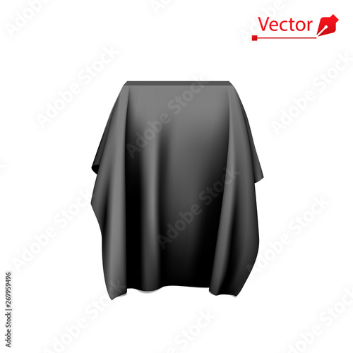 Box covered with black fabric. Surprise, award, prize, presentation concept. Reveal a hidden object. Raise the curtain. 