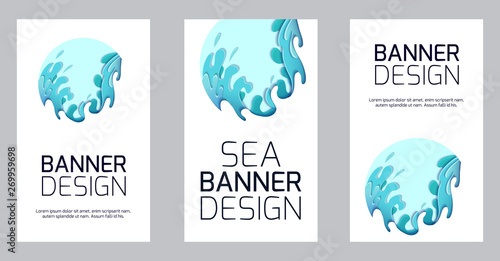 Set of vertical banner with violent sea waves cut out of paper. Card with 3d multilayer drawing of streams of water. Storm. Vector template for articles, voucher, covers and your design.