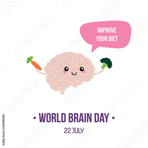 Vector illustration for world brain day with cute cartoon style brain character, giving advice improve diet, eat healthy.