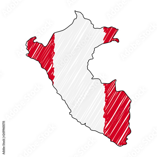 Peru map hand drawn sketch. Vector concept illustration flag, childrens drawing, scribble map. Country map for infographic, brochures and presentations isolated on white background. Vector