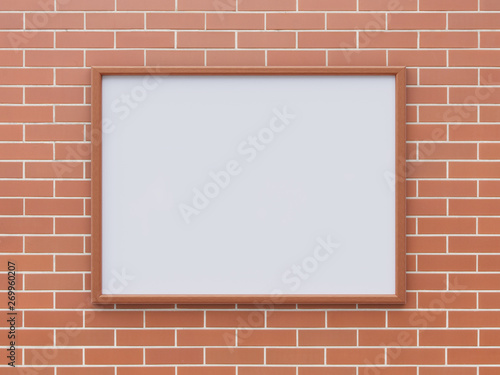 Empty whiteboard (magnetic board) on brick wall. Mockup template- 3D rendering