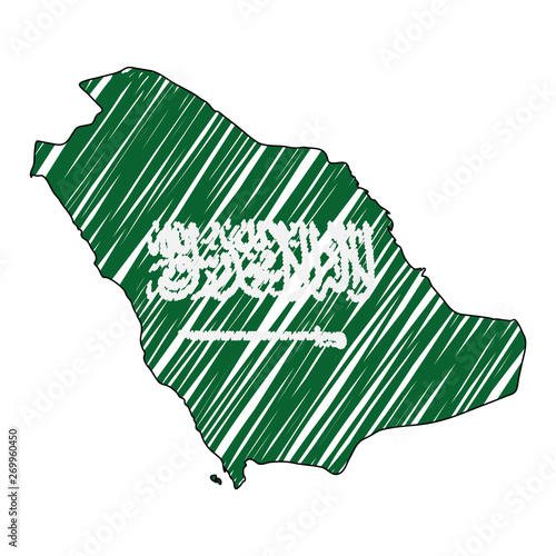 Saudi Arabia map hand drawn sketch. Vector concept illustration flag, childrens drawing, scribble map. Country map for infographic, brochures and presentations isolated on white background. Vector