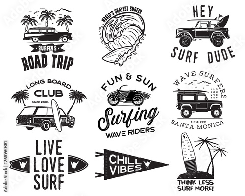 Vintage Surfing Graphics Logos Set for web design or print. Surfer badges templates. Surf emblems. Summer surfboard, palms elements. Outdoors activity - boarding on waves. Vector hipster insignia.