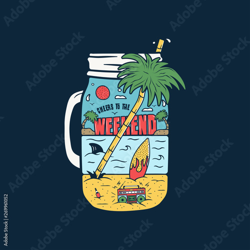 Vintage Surfing Graphics Print for web design or shirts. Unusual beach silhouette surf scene landscape with retro tape recorder, palms, surfboard, sea, shark inside jar. Outdoor summer. Stock vector
