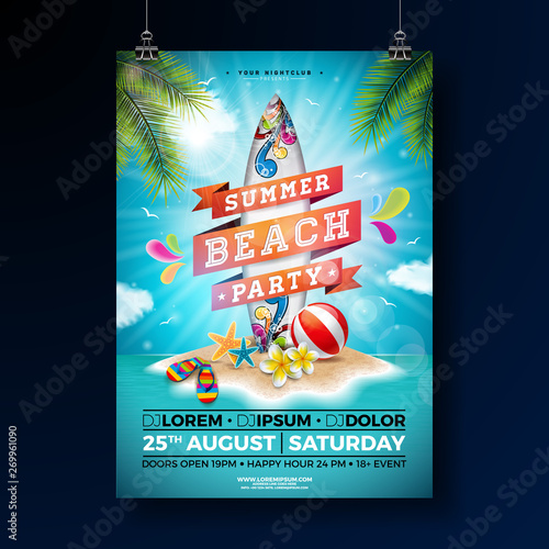 Summer Beach Party Flyer Design with flower, beach ball and surf board. Vector Summer nature floral elements, tropical plants and typographic elements on blue cloudy sky background. Design template