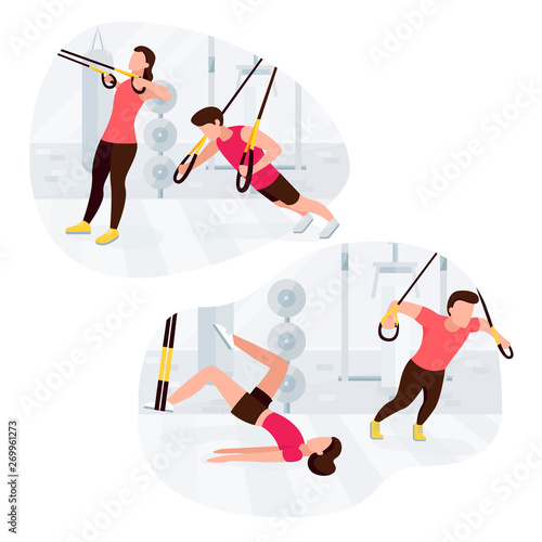 Fit people working out on trx doing bodyweight exercises. Fitness strength training workout.