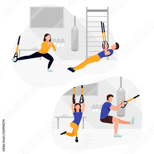 Fit people working out on trx doing bodyweight exercises. Fitness strength training workout.