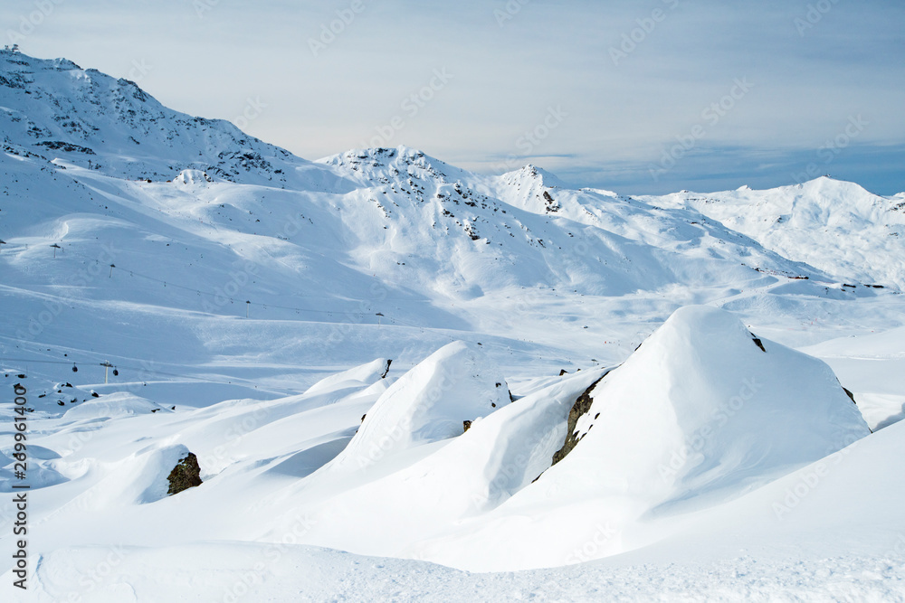 Panoramic view across snow covered alpine mountain range