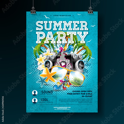 Vector Summer Party Flyer Design with flower, speaker and sun glasses on ocean blue background. Summer nature floral elements, tropical plants and typographic elements. Design template for banner