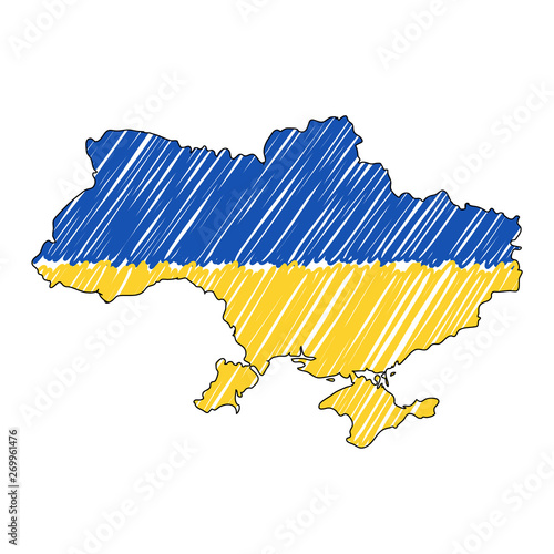 Ukraine map hand drawn sketch. Vector concept illustration flag, childrens drawing, scribble map. Country map for infographic, brochures and presentations isolated on white background. Vector