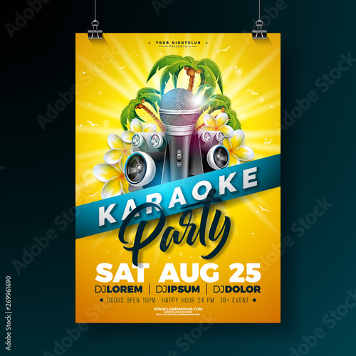 Summer Karaoke Party Flyer Design with flower, microphone, speaker and palm trees on sun yellow background. Vector Summer Design template for banner, flyer, invitation, poster.