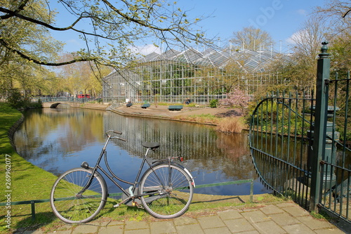 Reflections of the glasshouses of the Botanical garden (Hortus Botanicus), Plantage, Amsterdam, Netherlands photo