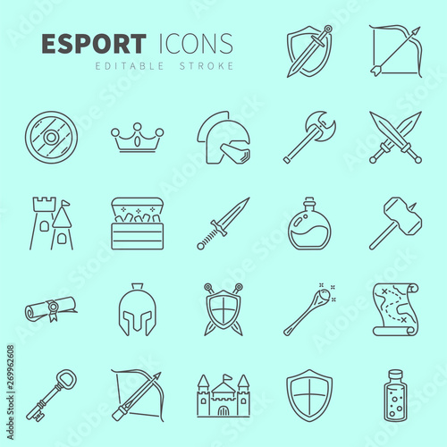 Line design icon set of MMORPG video game and esport concept. Editable stroke vector icon.