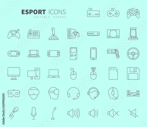 Line design icon set of video game and esport device concept. Editable stroke vector icon.