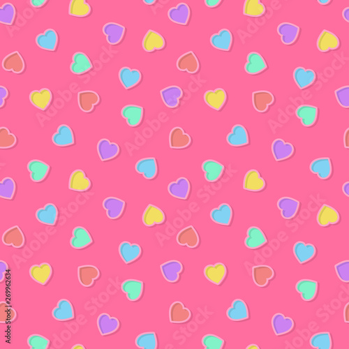 Illustration of seamless colorful heart shape pattern on pink background. Valentine's day concept. Vector