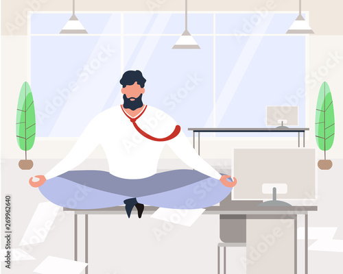 Cartoon Businessman Meditating Sit on Table Office