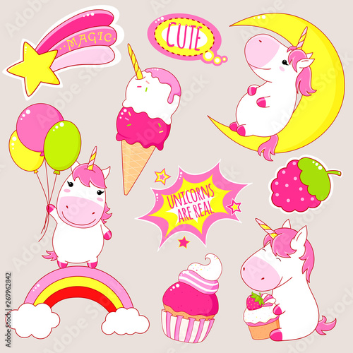Set of cute unicorns stickers in kawaii style