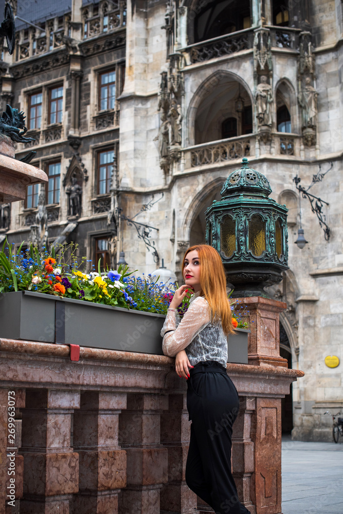 Pretty woman in Old Europe, vacation and travelling time. Vintage style in clothes and view. Trip in Germany 