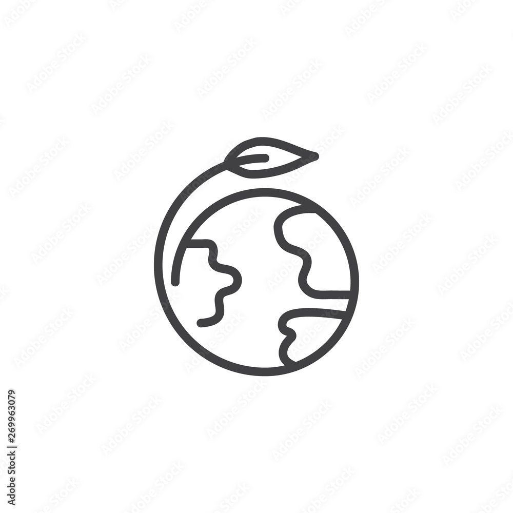 World ecology line icon. linear style sign for mobile concept and web design. Planet earth with plant leaf outline vector icon. Environment symbol, logo illustration. Vector graphics World ecology line icon. linear style sign for mobile concept and web design. Planet earth with plant leaf outline vector icon. Environment symbol, logo illustration. Vector graphics