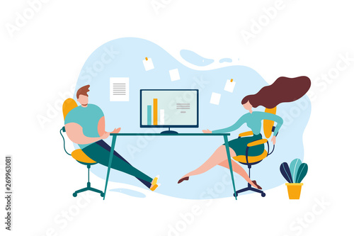 Cartoon Man Woman Worker Office Table Conversation