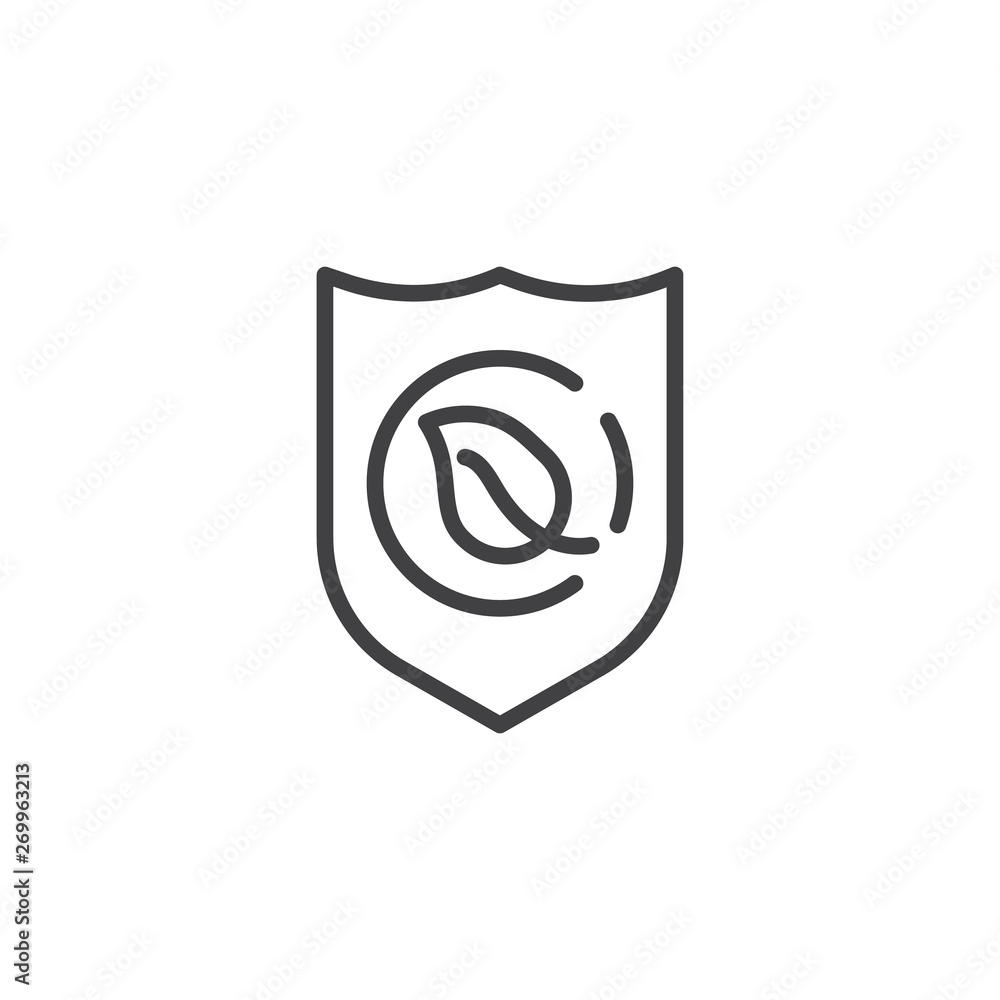 Ecology protection line icon. linear style sign for mobile concept and web design. Protection shield with tree leaf outline vector icon. Symbol, logo illustration. Vector graphics Ecology protection line icon. linear style sign for mobile concept and web design. Protection shield with tree leaf outline vector icon. Symbol, logo illustration. Vector graphics