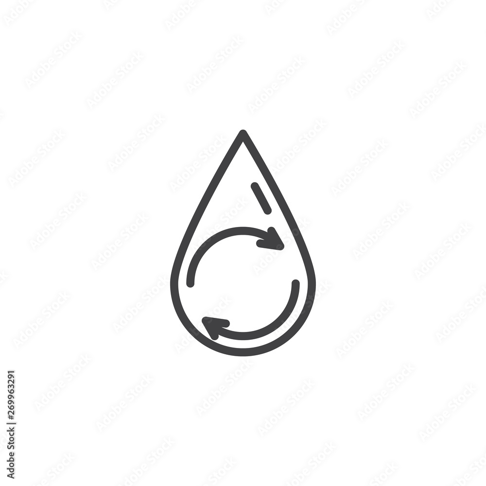 Water Recycle line icon. linear style sign for mobile concept and web design. Water drop with recycling arrows outline vector icon. Eco, renewable symbol, logo illustration. Vector graphics Water Recycle line icon. linear style sign for mobile concept and web design. Water drop with recycling arrows outline vector icon. Eco, renewable symbol, logo illustration. Vector graphics
