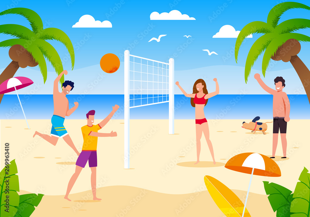 Happy Cartoon People Playing Beach Volleyball