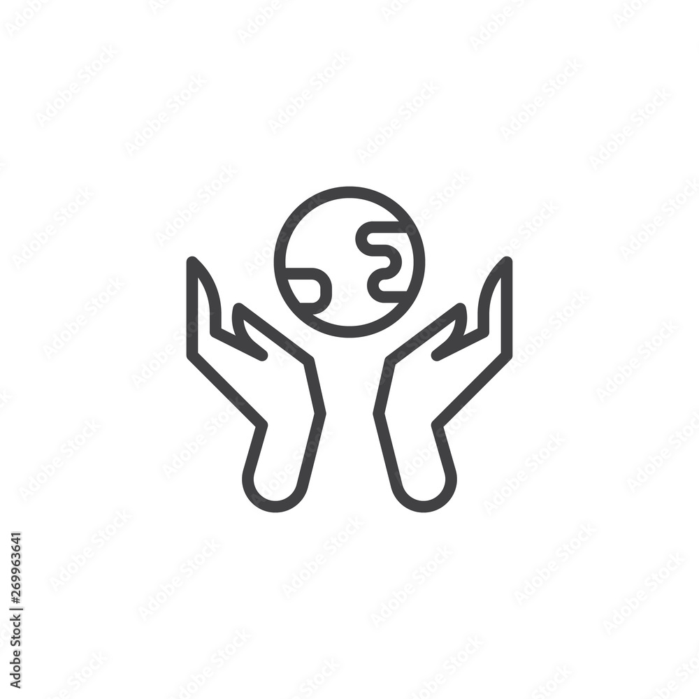 Save earth planet line icon. linear style sign for mobile concept and web design. Hands with earth globe outline vector icon. Ecology and environment care symbol, logo illustration. Vector graphics Save earth planet line icon. linear style sign for mobile concept and web design. Hands with earth globe outline vector icon. Ecology and environment care symbol, logo illustration. Vector graphics