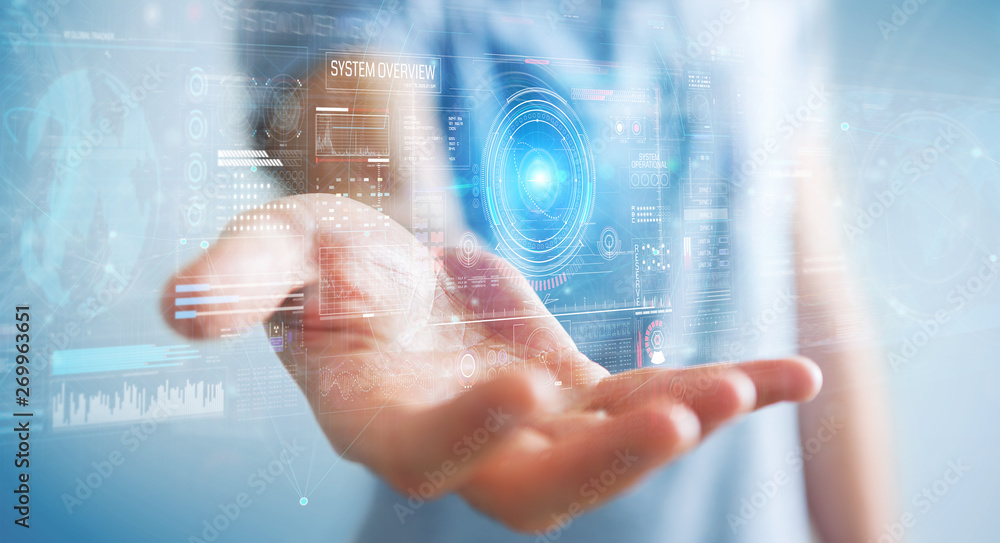 Businessman using digital technological interface with datas 3D rendering Businessman using digital technological interface with datas 3D rendering