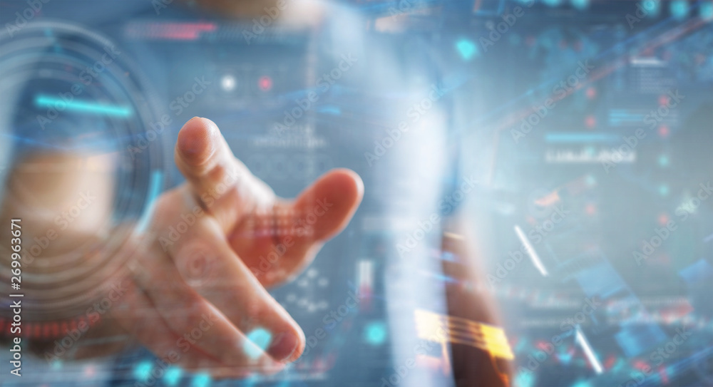 Businessman using digital technological interface with datas 3D rendering Businessman using digital technological interface with datas 3D rendering