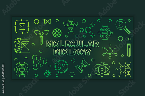 Molecular Biology vector modern outline green horizontal banner or illustration on dark background