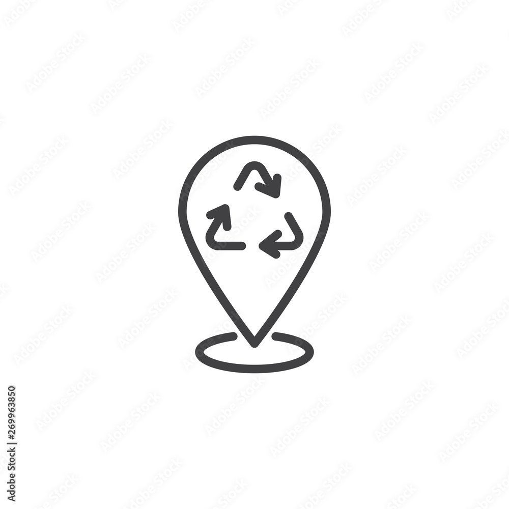 Recycle Map Marker line icon. linear style sign for mobile concept and web design. Location pin with recycling arrows outline vector icon. Symbol, logo illustration. Vector graphics Recycle Map Marker line icon. linear style sign for mobile concept and web design. Location pin with recycling arrows outline vector icon. Symbol, logo illustration. Vector graphics