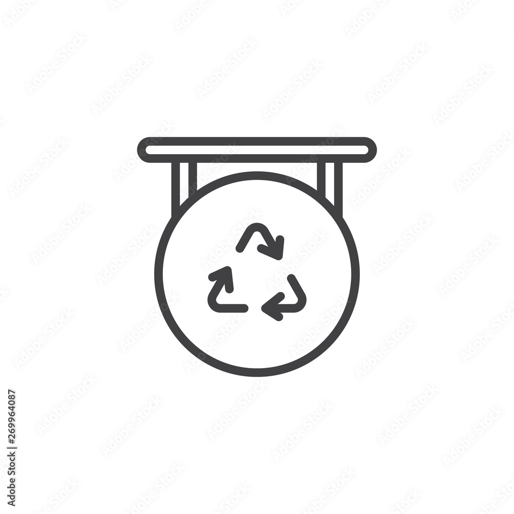 Recycling signboard line icon. linear style sign for mobile concept and web design. Eco store sign with recycle arrows outline vector icon. Symbol, logo illustration. Vector graphics Recycling signboard line icon. linear style sign for mobile concept and web design. Eco store sign with recycle arrows outline vector icon. Symbol, logo illustration. Vector graphics