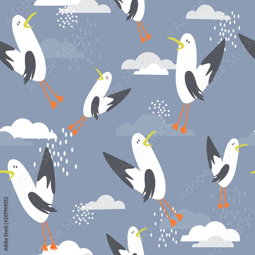 Seamless pattern  birds and clouds  hand drawn overlapping backdrop. Colorful background vector. Cute illustration  seagulls. Decorative wallpaper  good for printing
