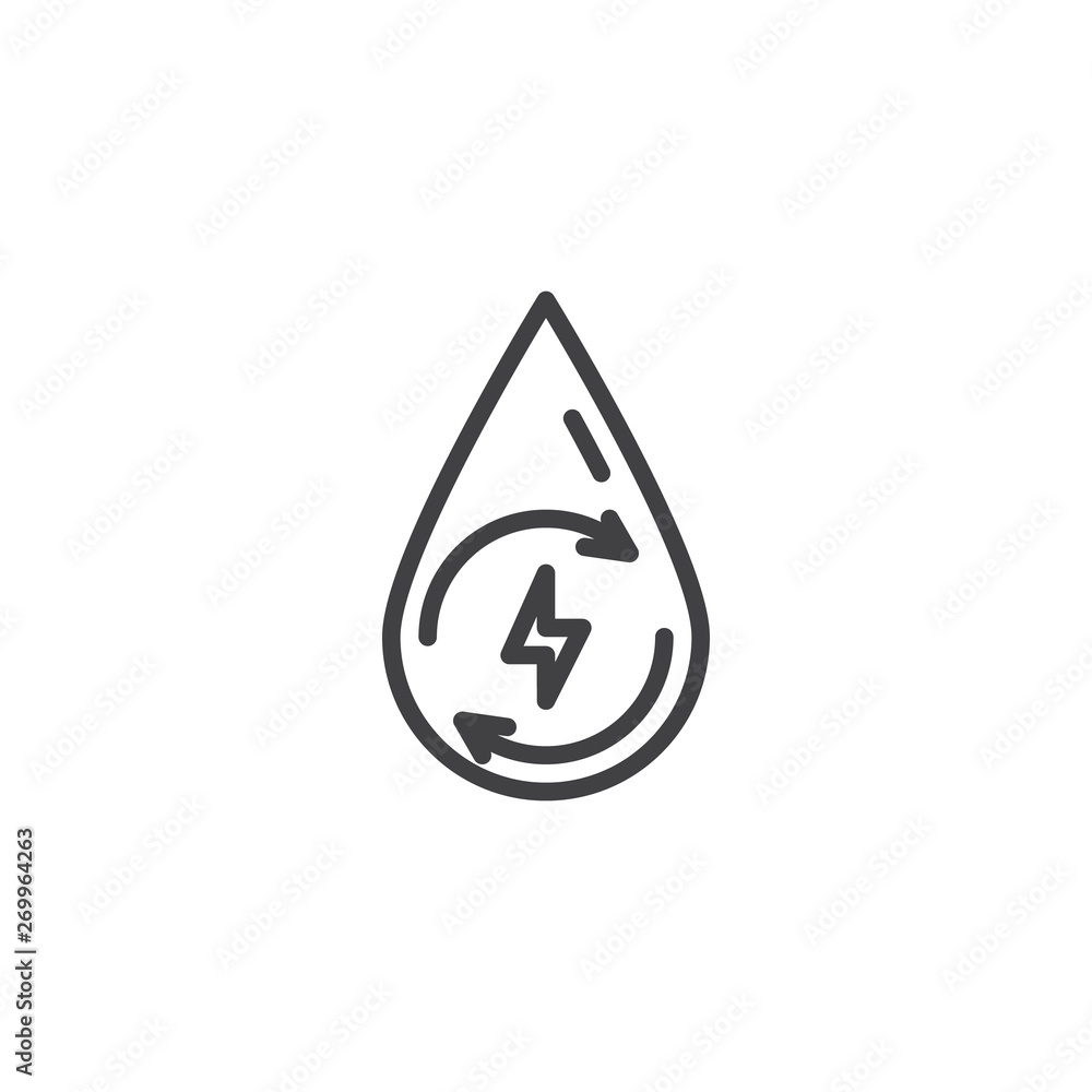 Recycle water energy line icon. linear style sign for mobile concept and web design. Water drop with flash and recycling arrows outline vector icon. Symbol, logo illustration. Vector graphics Recycle water energy line icon. linear style sign for mobile concept and web design. Water drop with flash and recycling arrows outline vector icon. Symbol, logo illustration. Vector graphics