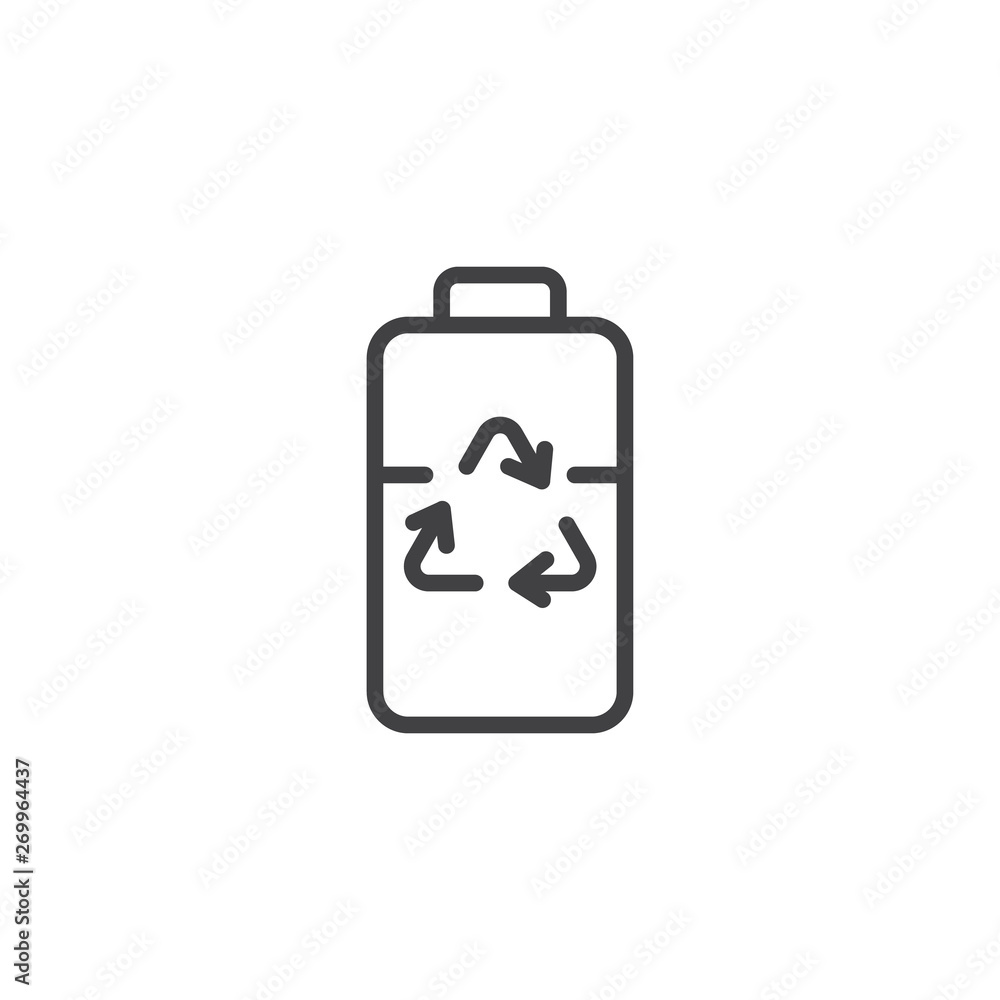 Recycling Battery line icon. linear style sign for mobile concept and web design. Battery with recycle arrows outline vector icon. Symbol, logo illustration. Vector graphics Recycling Battery line icon. linear style sign for mobile concept and web design. Battery with recycle arrows outline vector icon. Symbol, logo illustration. Vector graphics