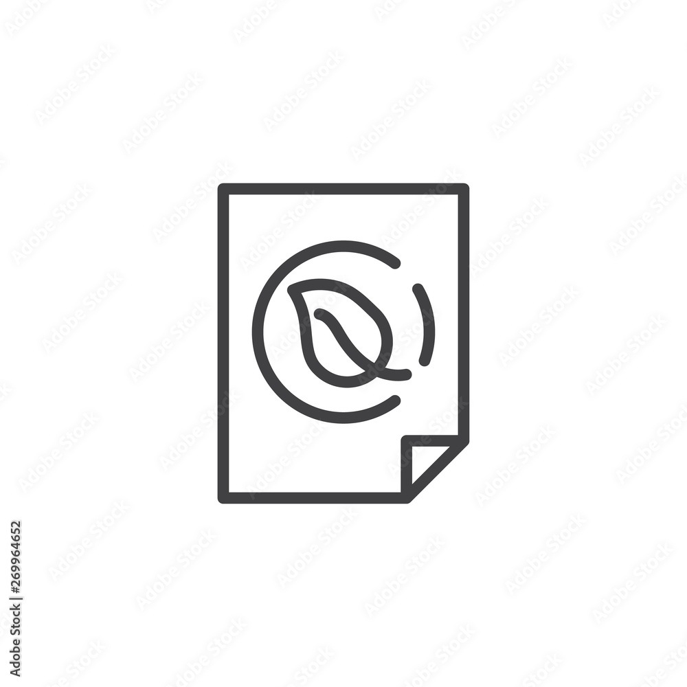 Document file with leaf line icon. linear style sign for mobile concept and web design. Eco paper sheet outline vector icon. Symbol, logo illustration. Vector graphics Document file with leaf line icon. linear style sign for mobile concept and web design. Eco paper sheet outline vector icon. Symbol, logo illustration. Vector graphics