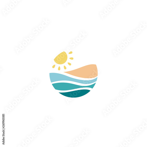 Sea Wave with Sun Rays and Sand for Nature Summer Beach View logo design