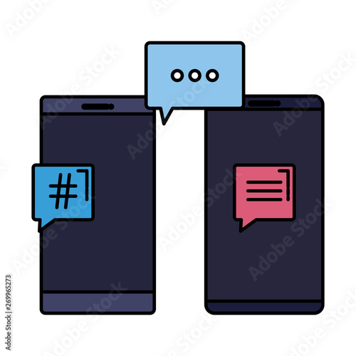 smartphones with speech bubbles hashtag symbol